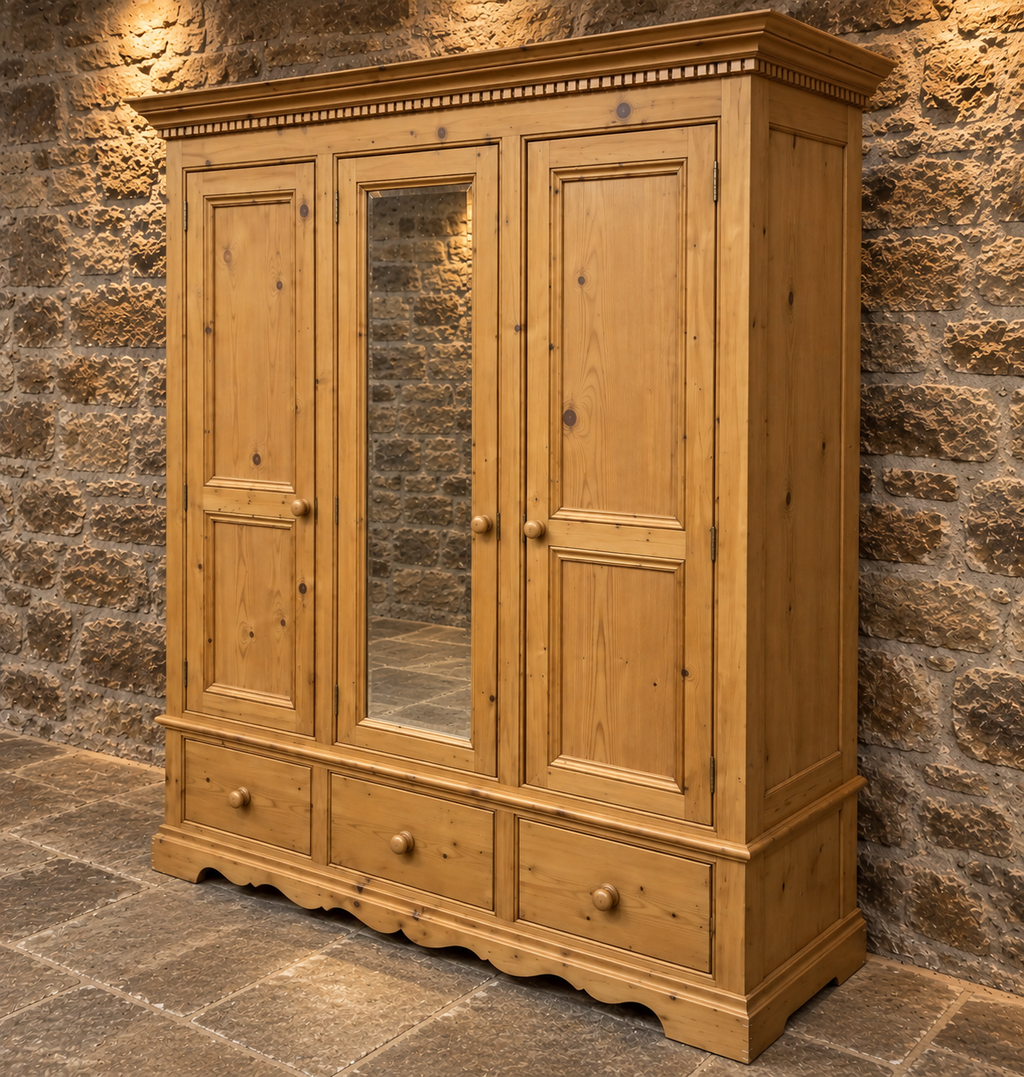 Antique Victorian Pine Triple Wardrobe c.1900 – Large Mirrored 3 Door Wardrobe