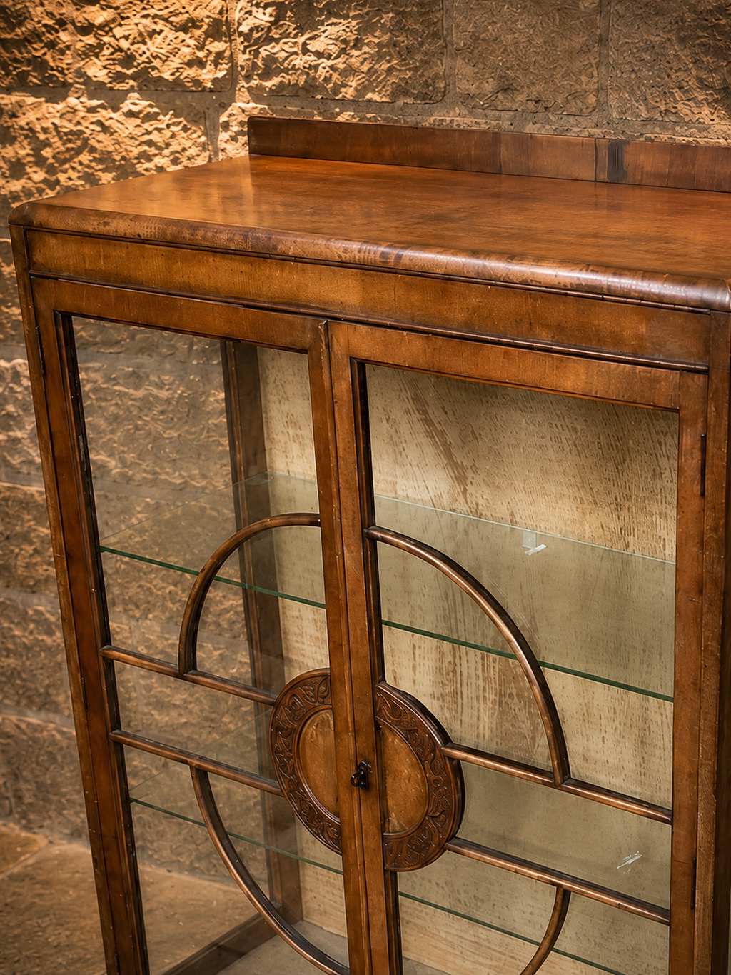 1930s Art Deco Figured Walnut Glazed Display Cabinet