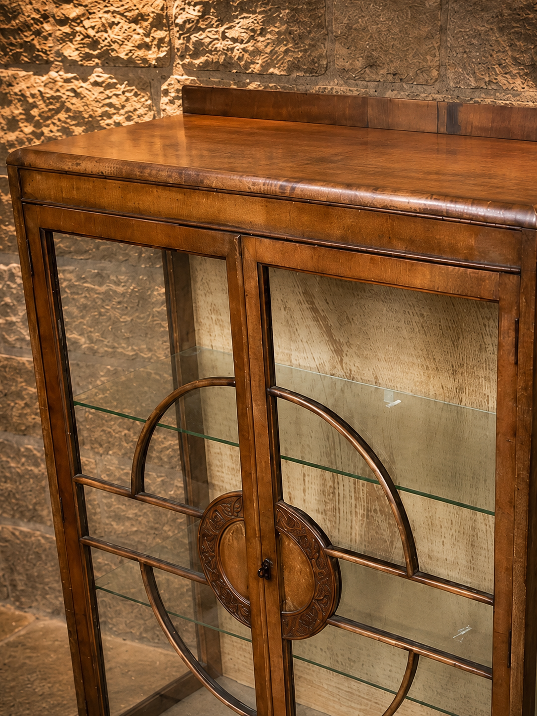 1930s Art Deco Figured Walnut Glazed Display Cabinet
