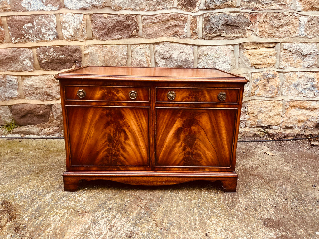Mahogany Vintage Storage Cabinet – Flame Veneer & Brass Knobs