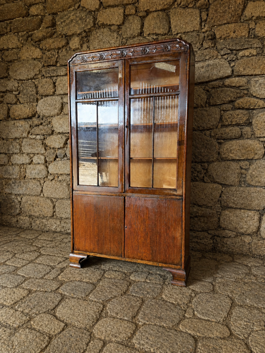 1930s Oak Glazed Bookcase | Vintage Display Cabinet with Carved Detail