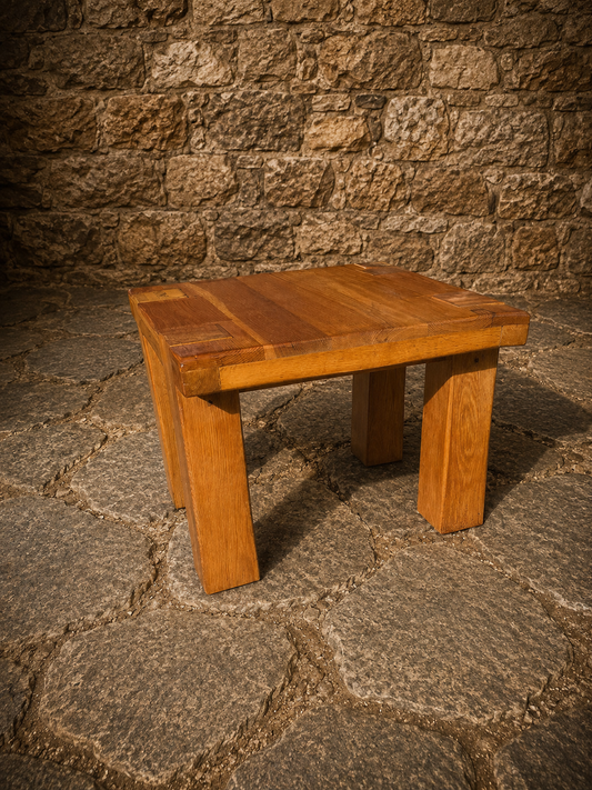 Vintage Brutalist Oak Side Table – Rustic 1970s Artisan Coffee Table