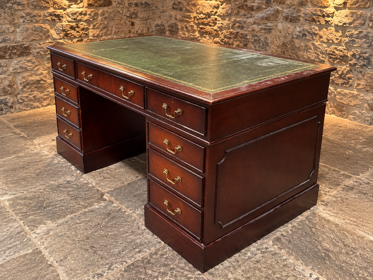 Antique Mahogany Twin Pedestal Writing Desk with Green Leather Top | Victorian Edwardian