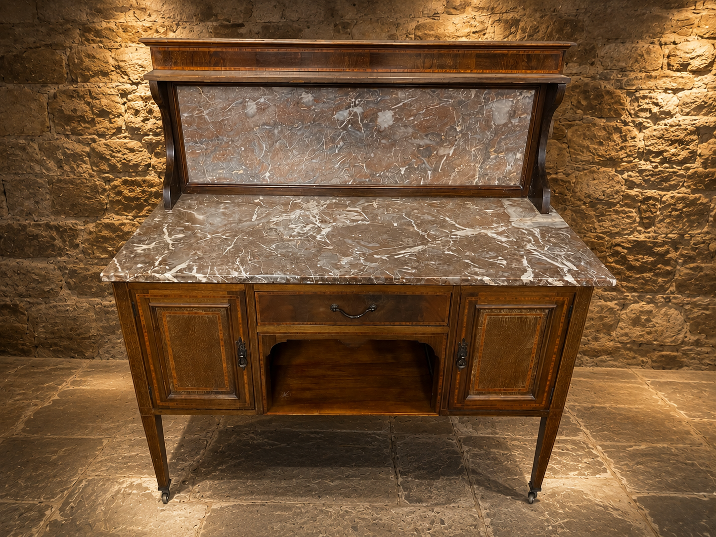 Antique Victorian Inlaid Marble Top Sideboard – Circa 1890