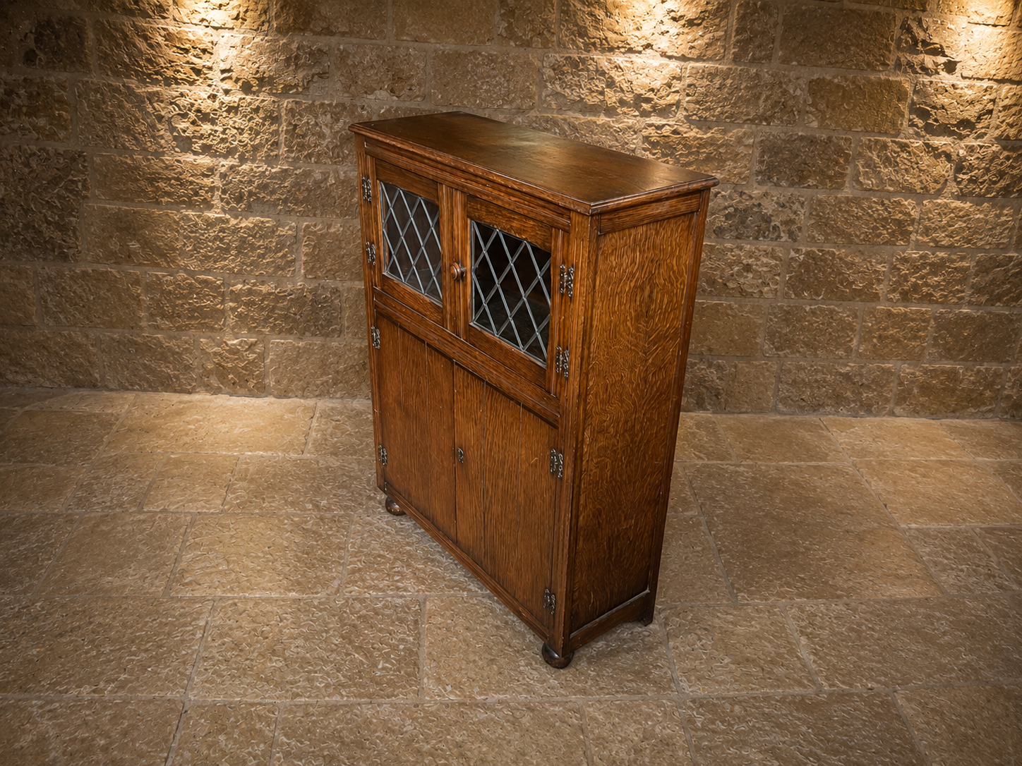 Arts & Crafts Quarter Sawn Oak Leaded Glass Cabinet | Antique English Display Cabinet | Edwardian Oak Bookcase