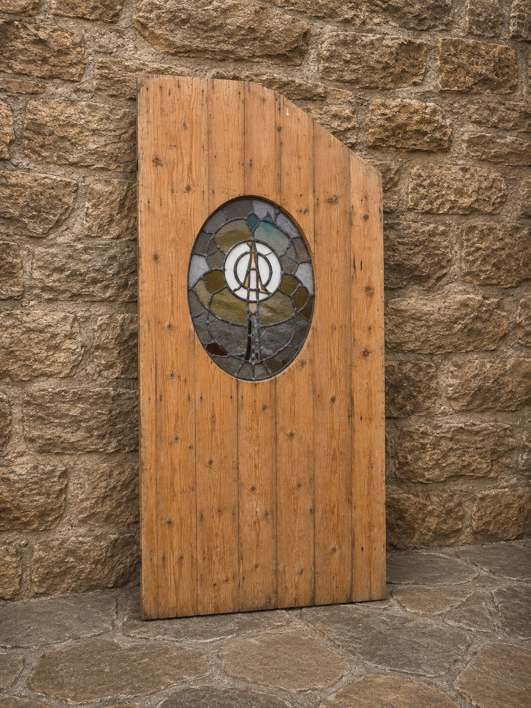 Antique Pine Door with Leaded Stained Glass Panel c.1900
