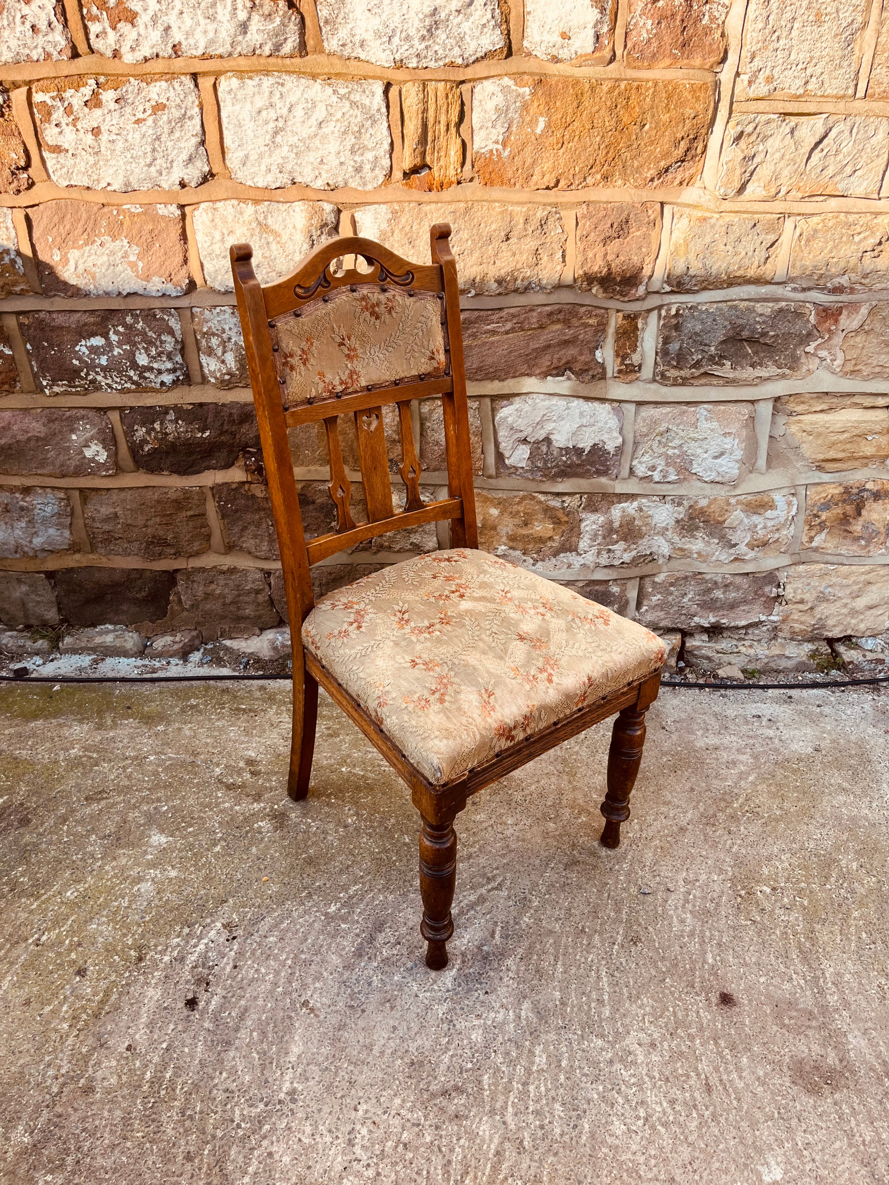 Antique Edwardian Oak Dining Chair – Upholstered Seat & Back, Carved Detail Hall Chair, Victorian Style Side Chair