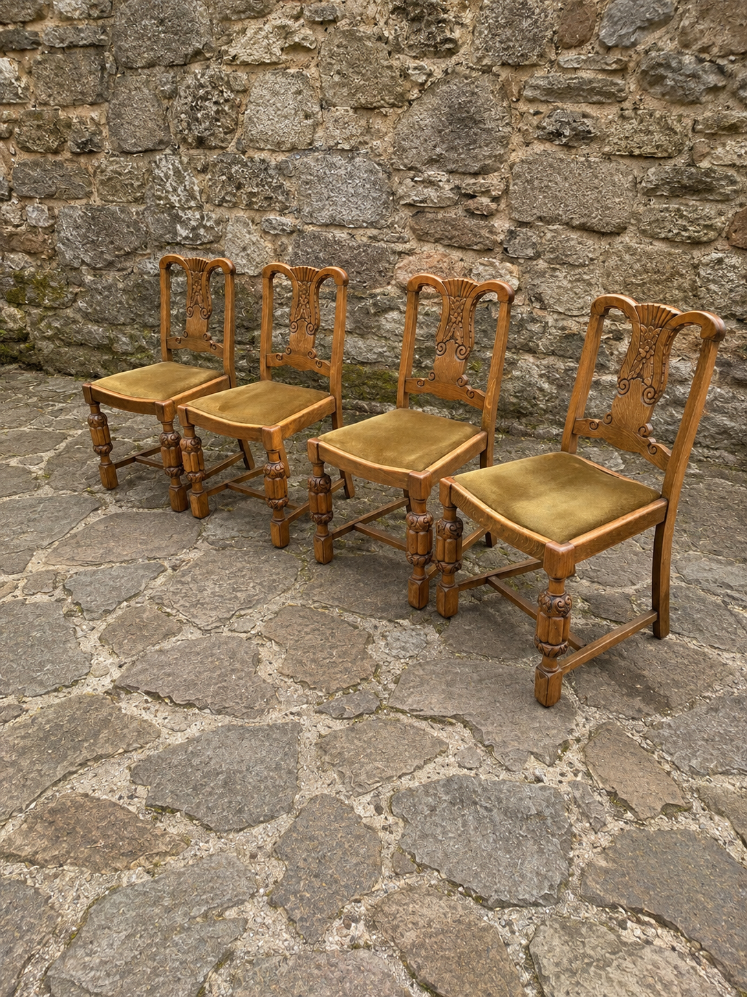 Set of Four Antique Carved Oak Dining Chairs c.1930