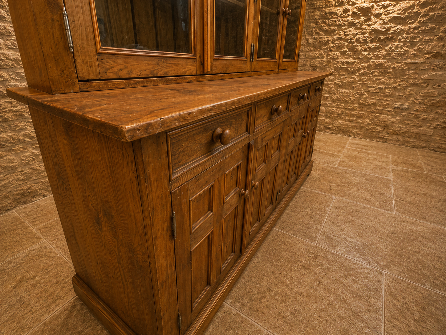 Large Solid Pine Farmhouse Dresser | Rustic Welsh Dresser | Glazed Display Cabinet