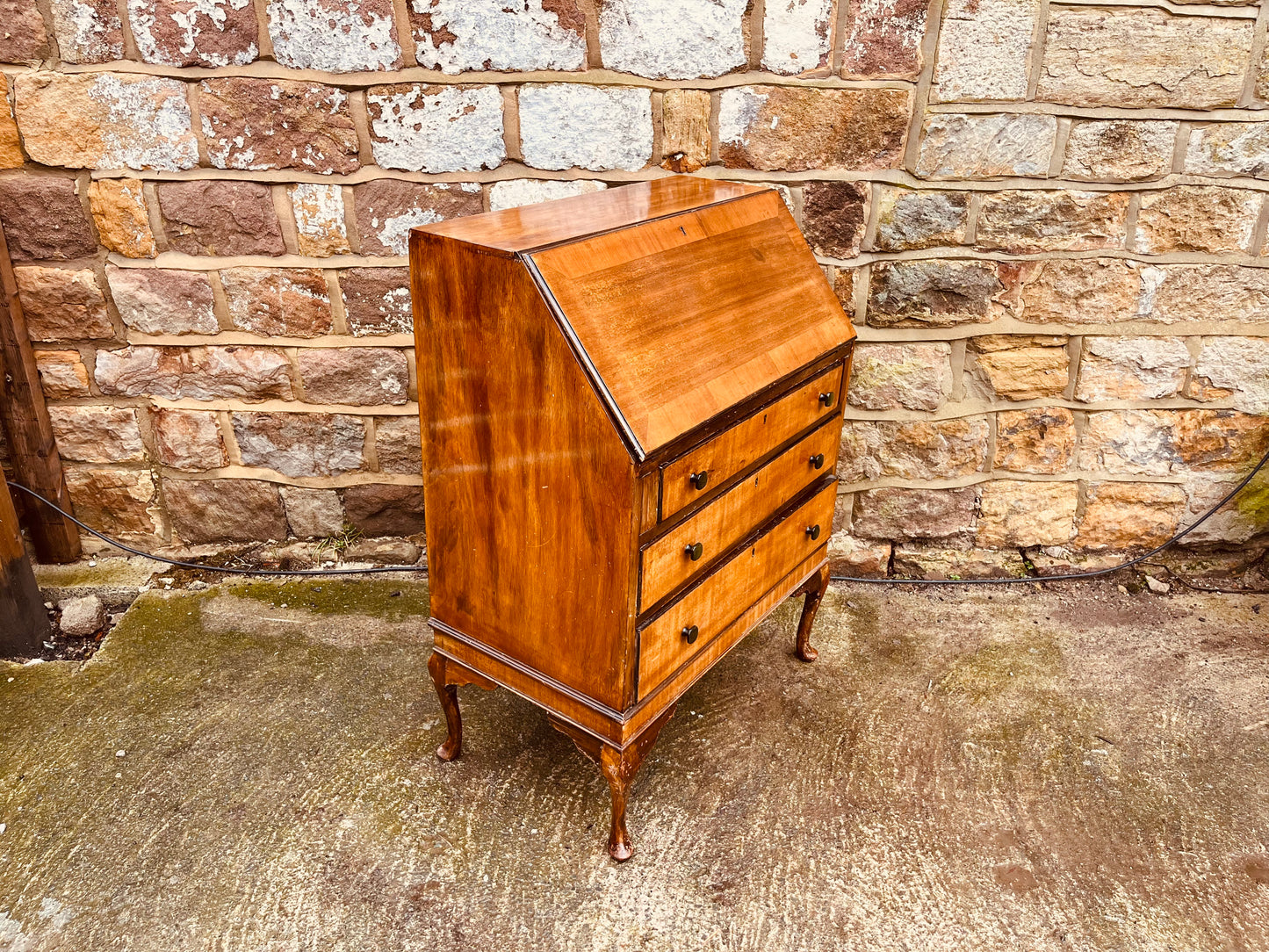 1930s Queen Anne Style Walnut Bureau Desk – Vintage Fall Front Writing Desk