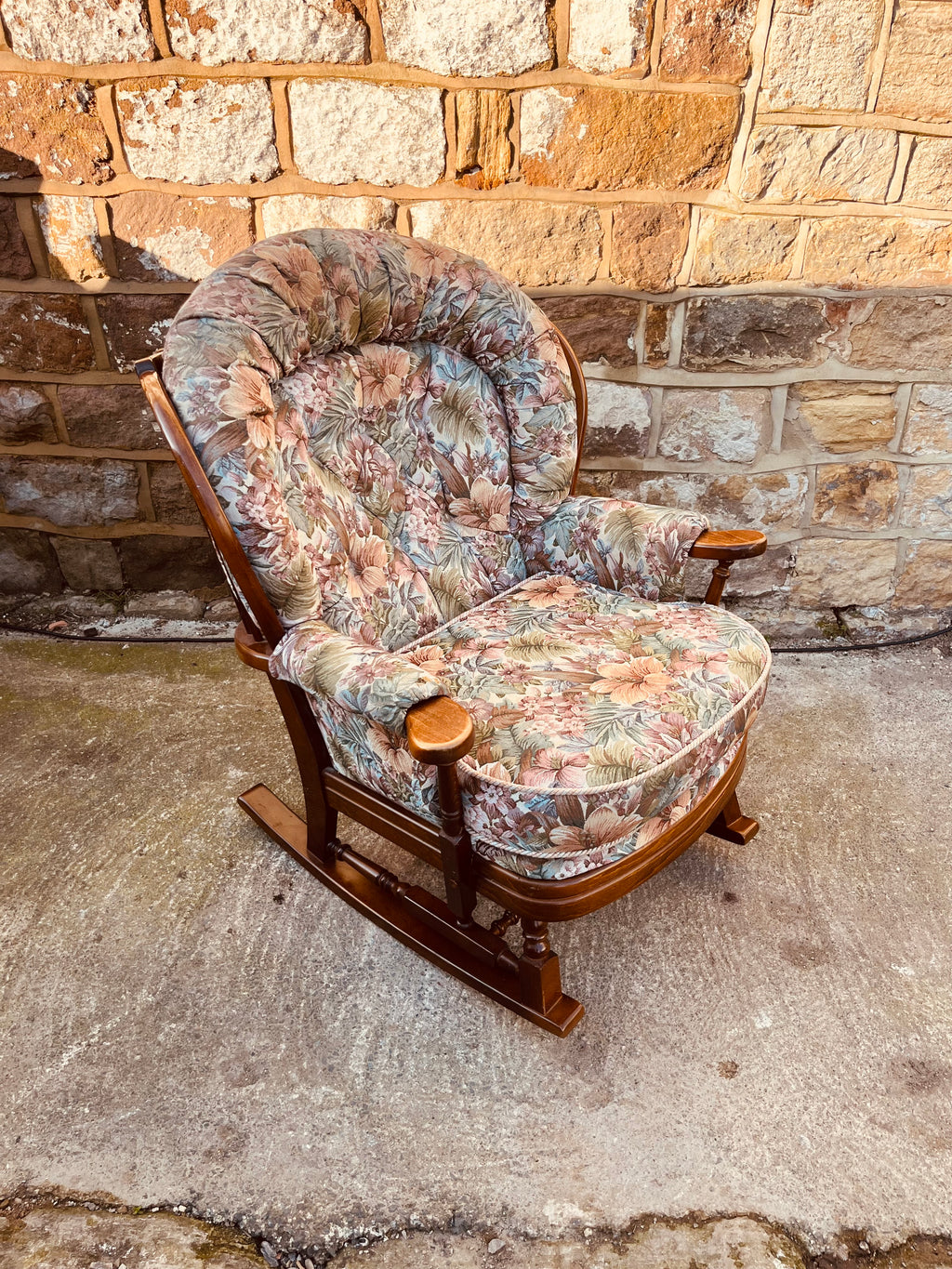 Vintage Upholstered Rocking Armchair – Floral Tapestry Wooden Rocker