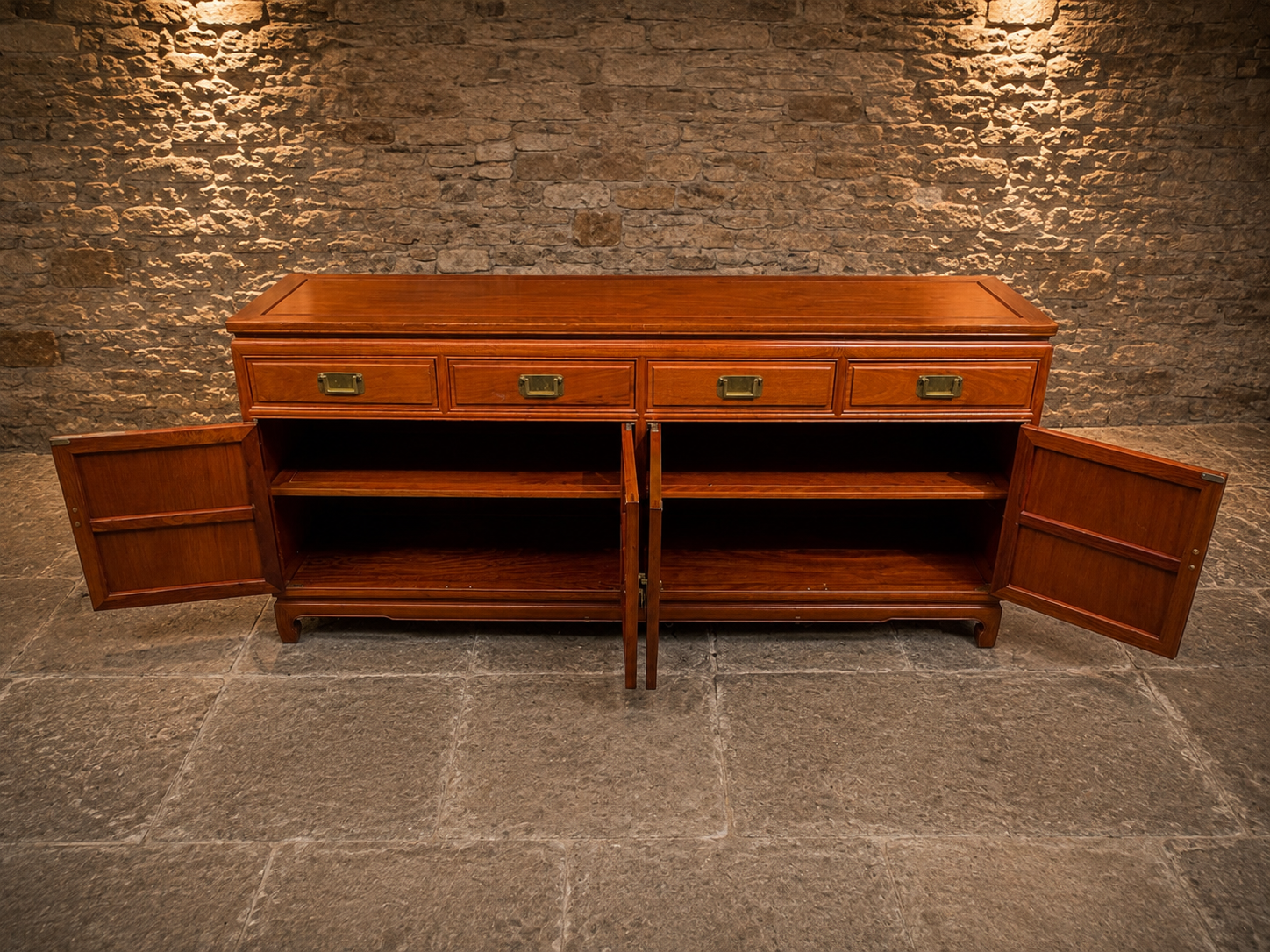 Vintage Chinese Carved Dragon Hardwood Sideboard – Four Door Oriental Cabinet