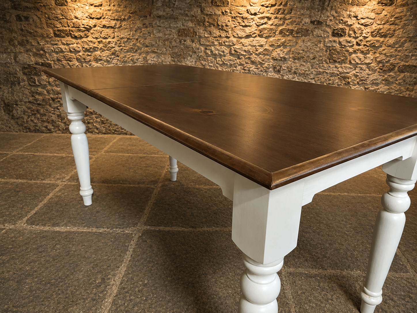 Large Two Tone Extending Farmhouse Dining Table | Solid Pine | Painted Cream Base
