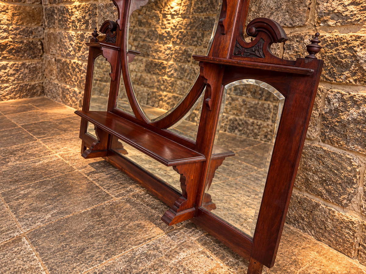 Antique Victorian Mahogany Overmantel Mirror c.1890 – Large Carved Bevelled Statement Mirror