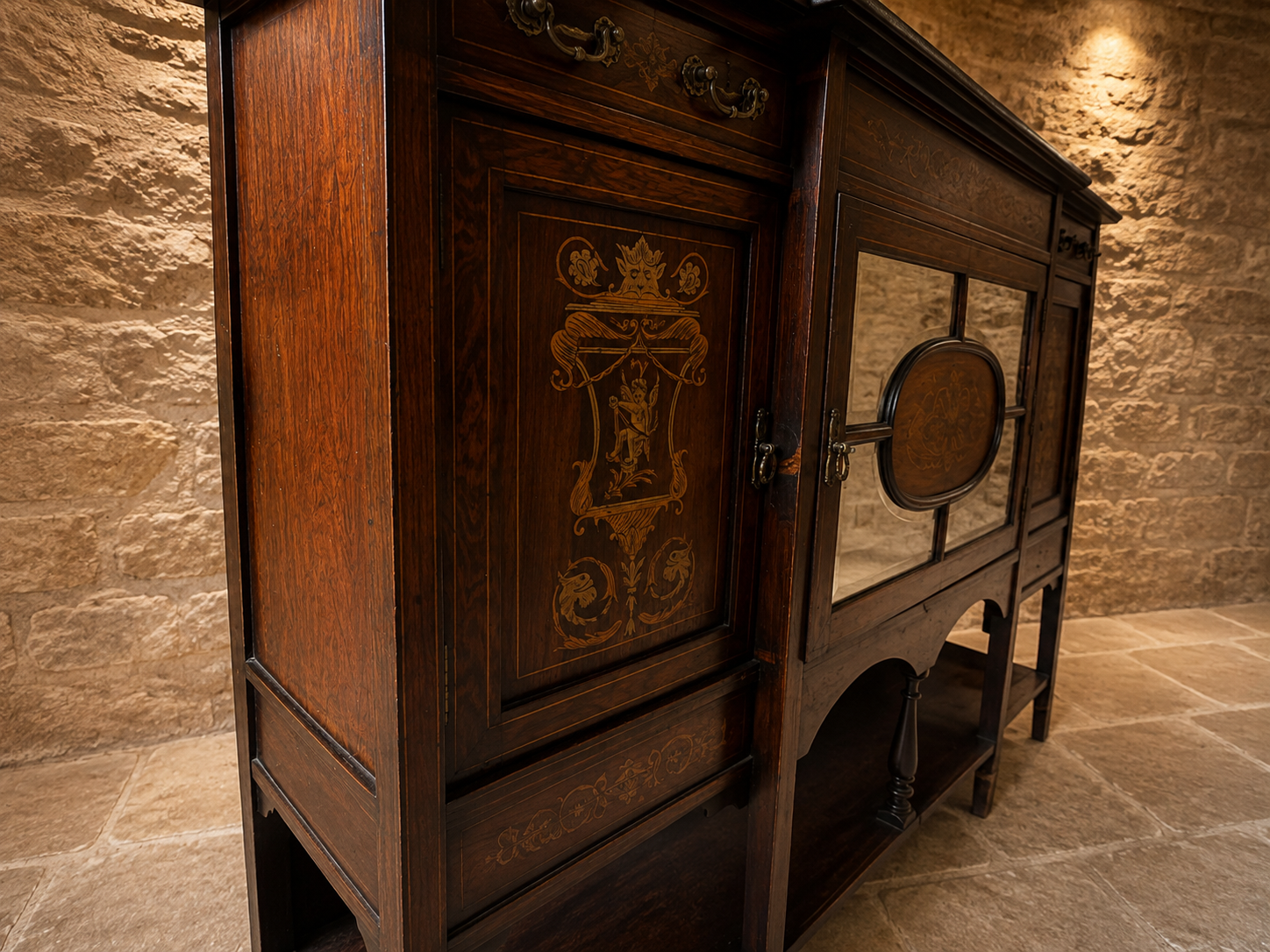 Antique Edwardian Inlaid Mahogany Sideboard c.1900–1915 | Marquetry Drinks Cabinet with Mirrored Doors