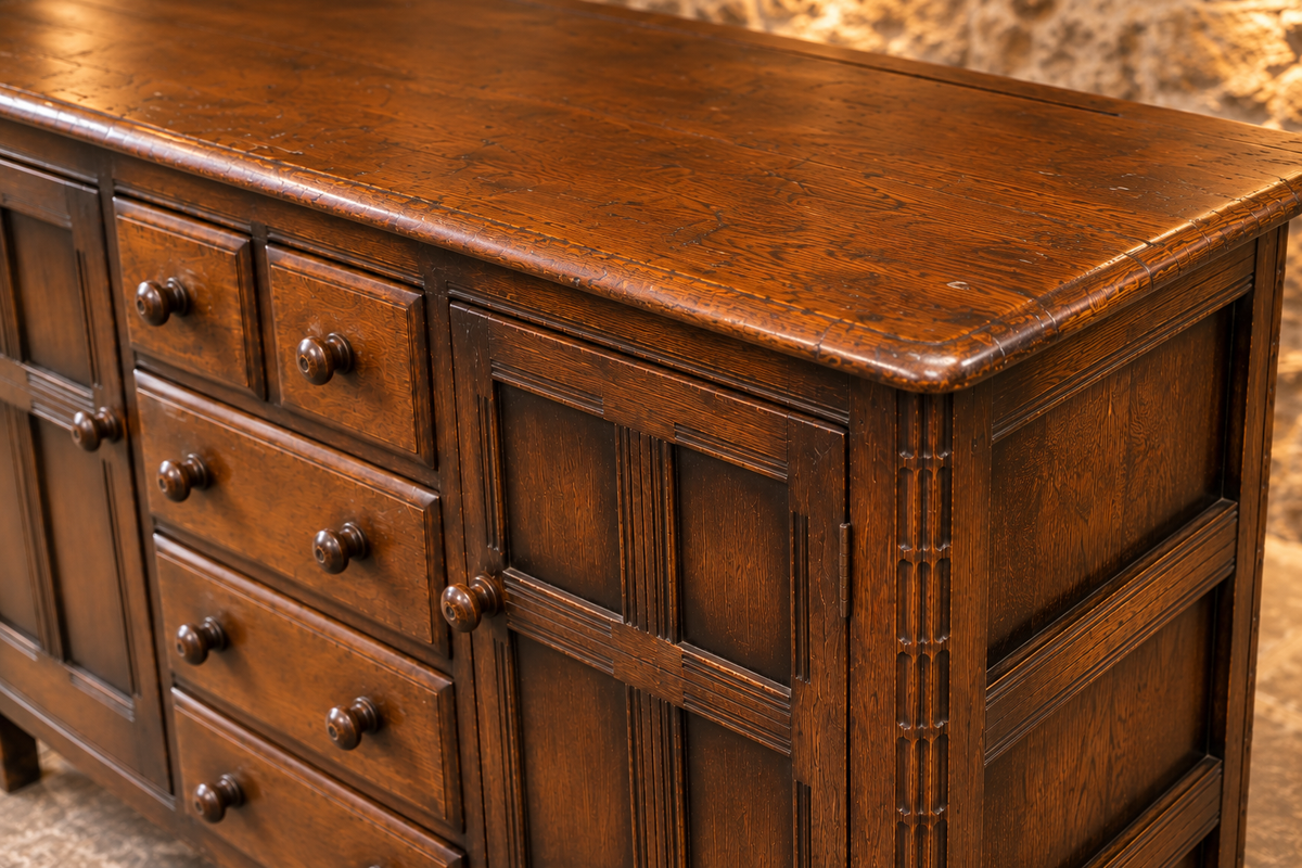 Vintage Ercol Dark Oak Sideboard Dresser – Five Drawers & Two Cupboards