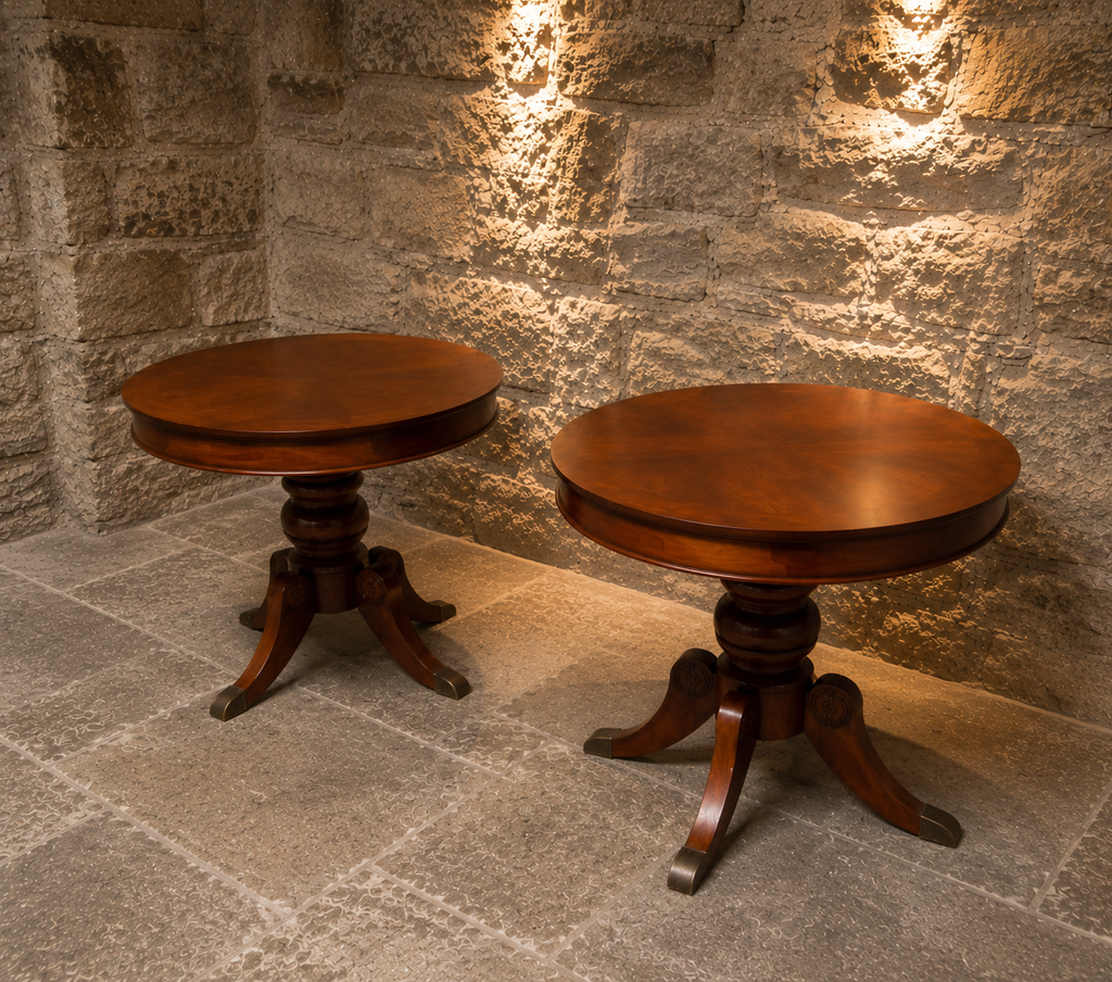 Pair of Regency Style Mahogany Lamp Tables – Vintage Round Pedestal Side Tables