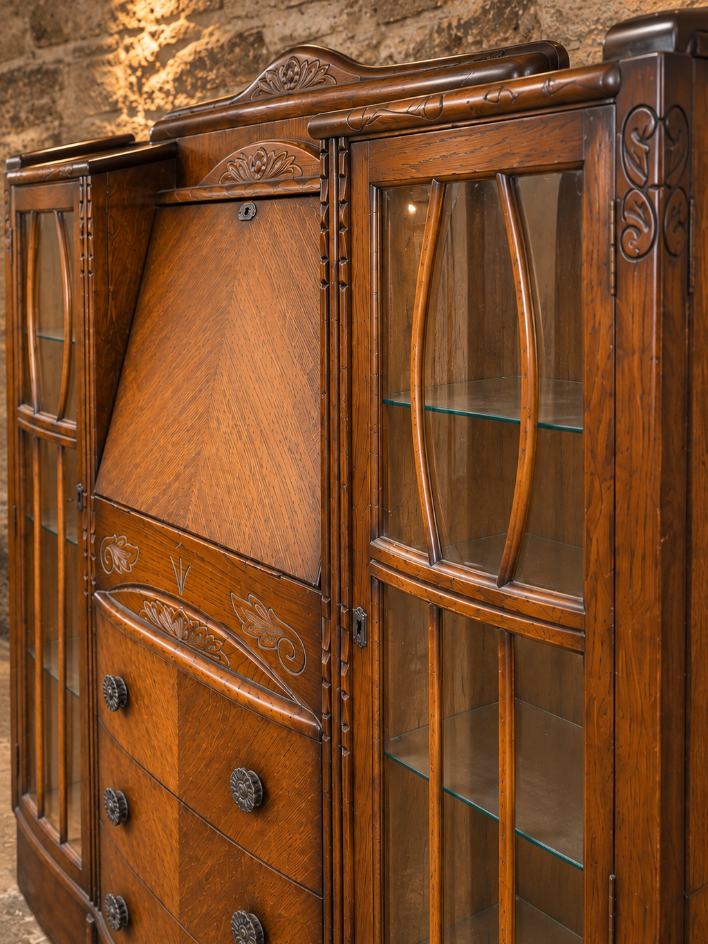 Antique Arts & Crafts Oak Side-by-Side Bureau Bookcase – Art Nouveau Display Cabinet c.1900