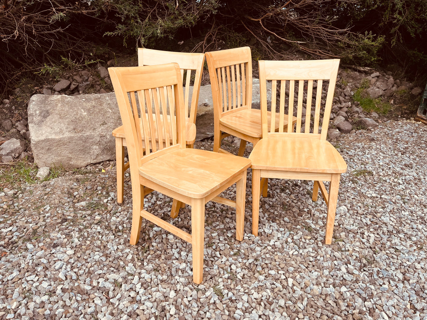 Set of Four Solid Wood Farmhouse Dining Chairs – Natural Wood Slat Back Kitchen Chairs