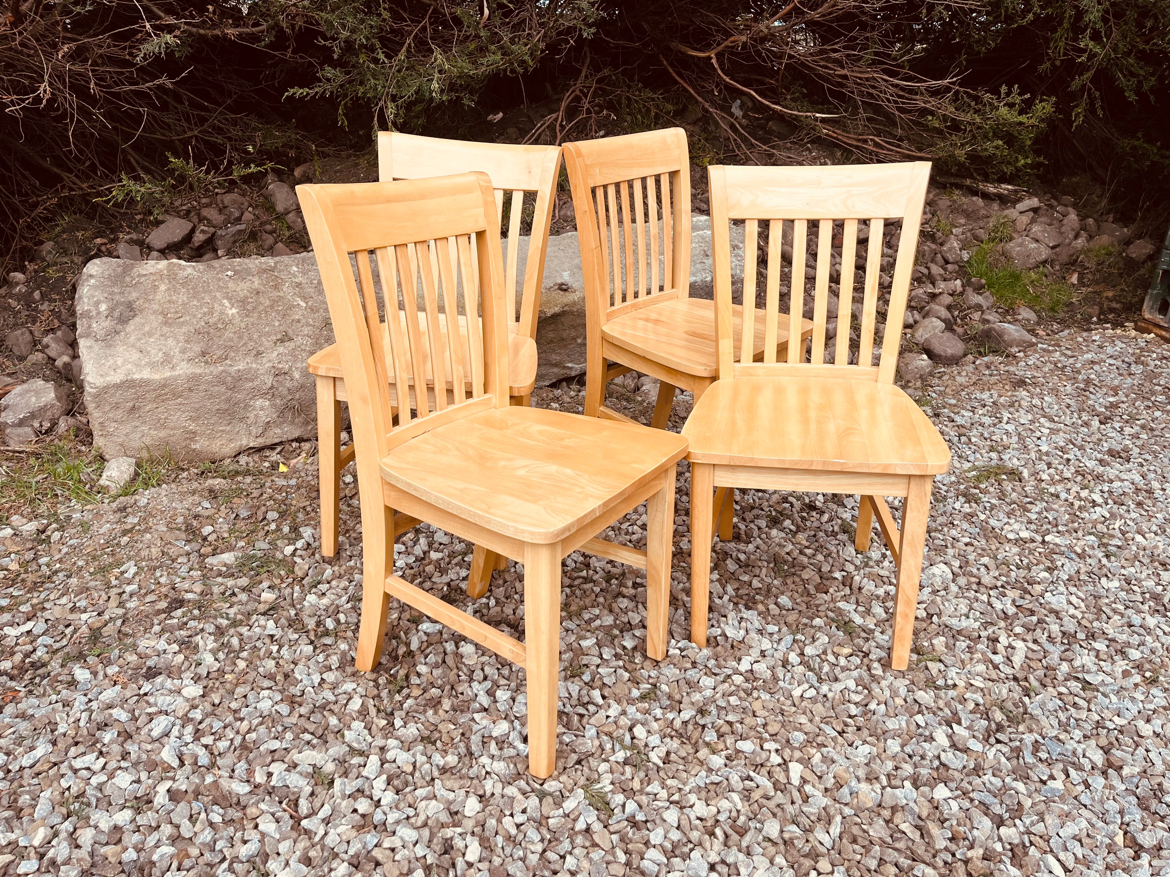 Set of Four Solid Wood Farmhouse Dining Chairs – Natural Wood Slat Back Kitchen Chairs