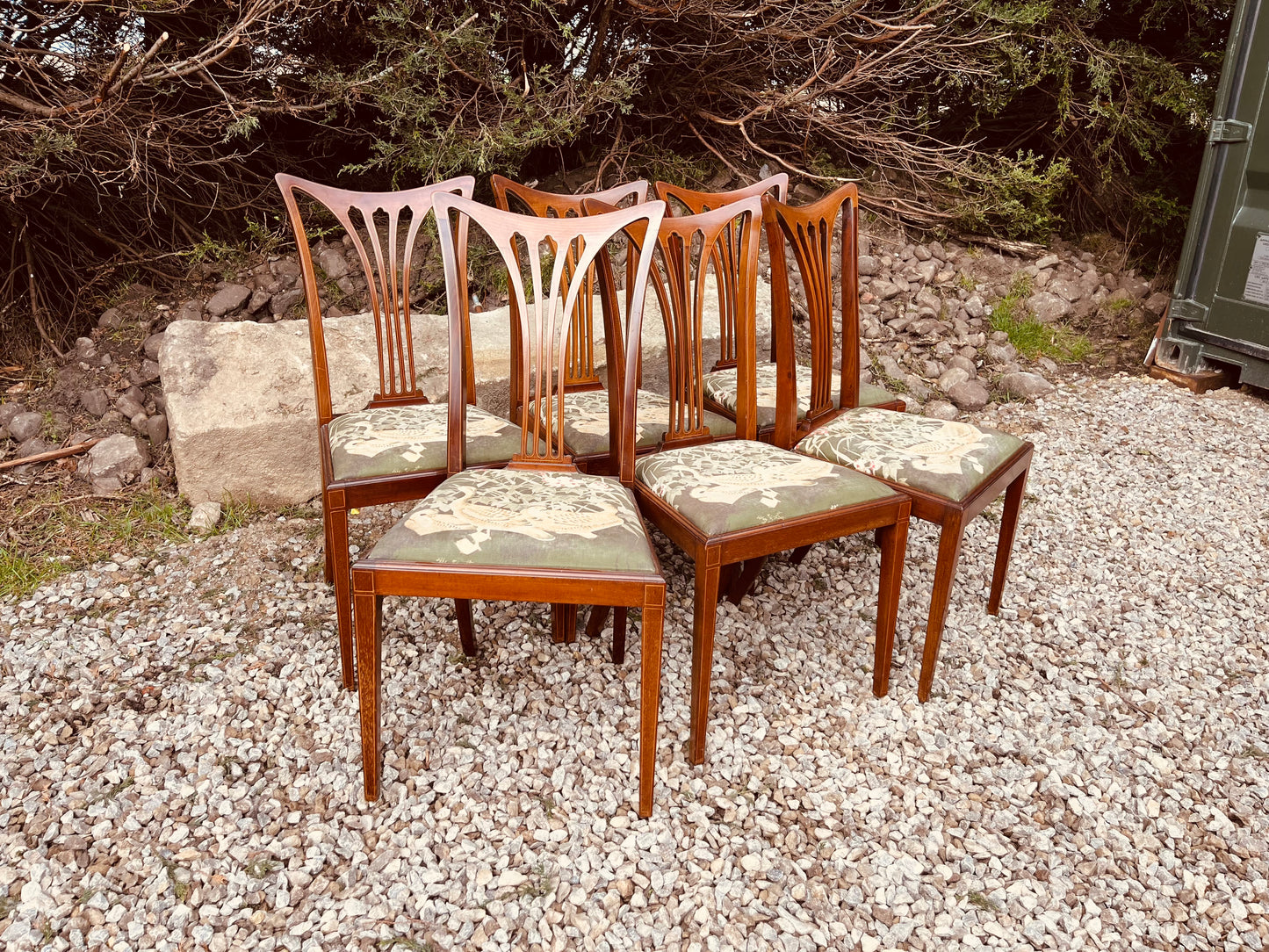 Set of 6 Antique Edwardian Mahogany Dining Chairs – Sheraton Revival Inlaid Chairs Circa 1910