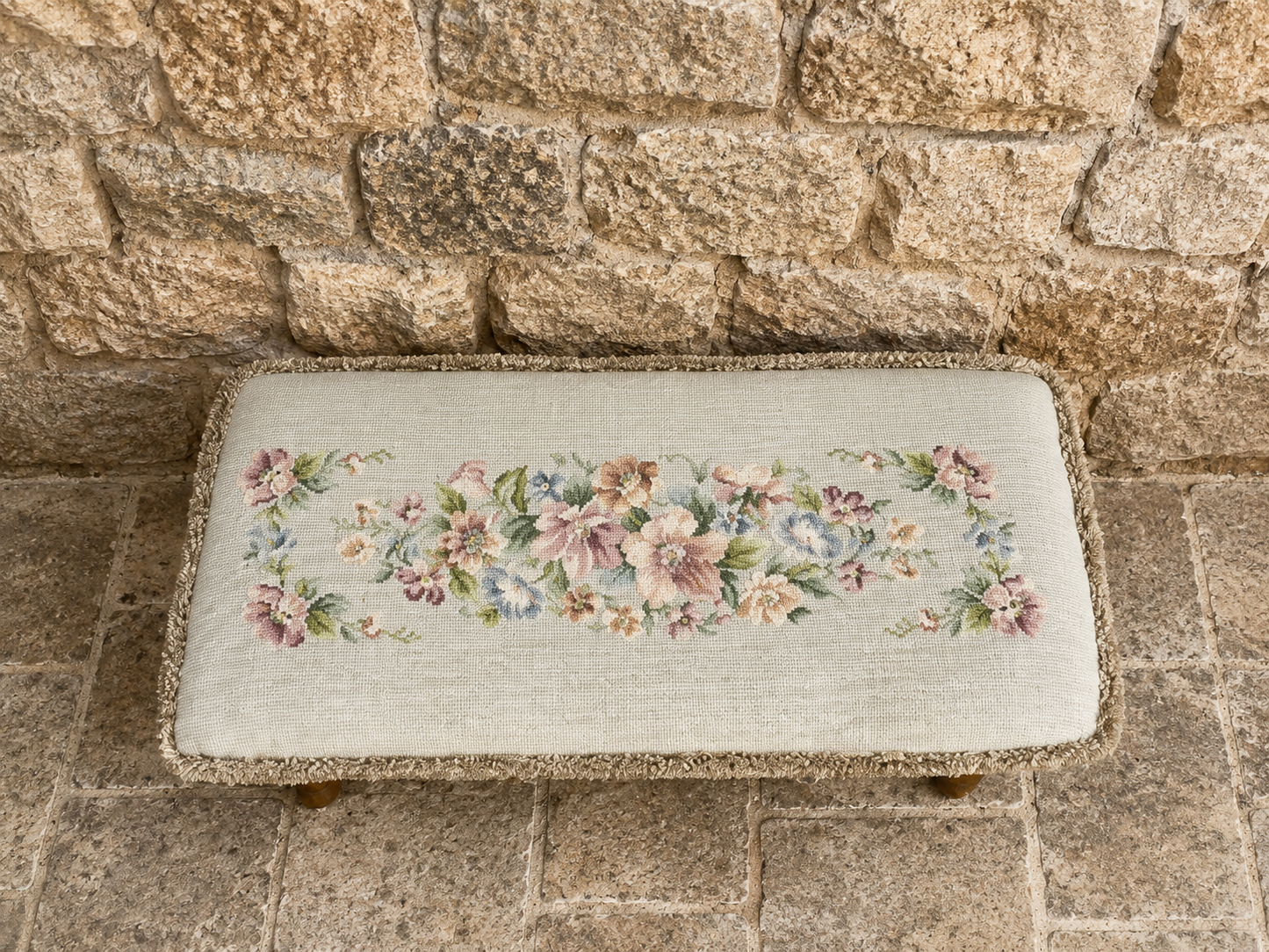 Vintage Queen Anne Style Upholstered Bench | Floral Needlepoint Piano Stool | Cottage Bedroom Seat | Traditional Footstool