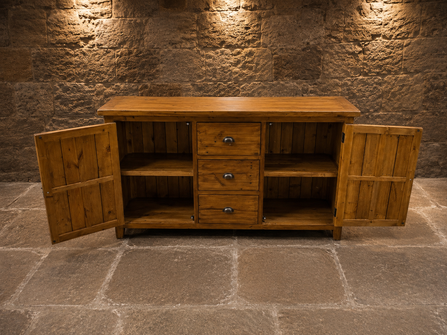 Large Rustic Pine Farmhouse Sideboard – 3 Drawer & Double Cupboard Storage Cabinet