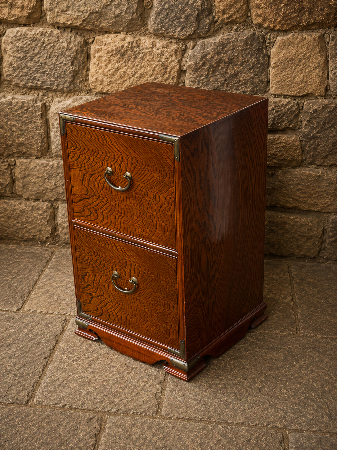 Vintage Elm Campaign Style Bedside Cabinet with Brass Mounts