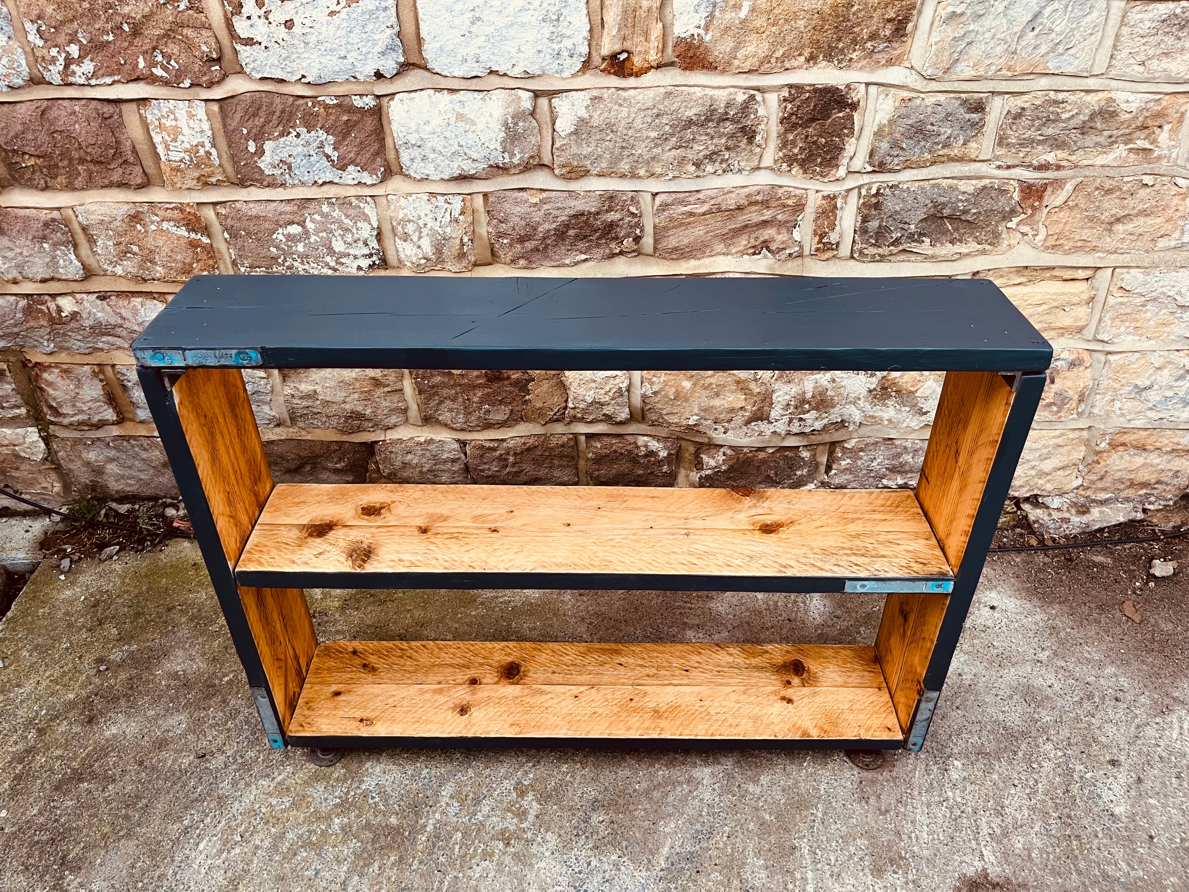 Deep Blue Farmhouse Shelving Unit – Reclaimed Wood Console Table (100cm)