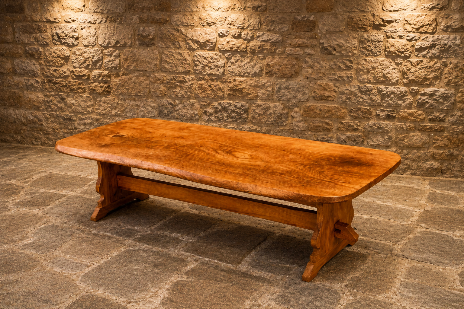 Vintage Solid Elm Refectory Coffee Table | English Farmhouse Trestle Coffee Table | Rustic Country Living Room Table