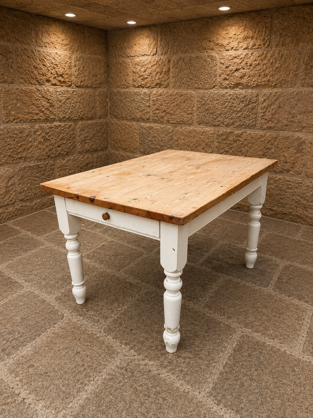 Large English Farmhouse Pine Kitchen Dining Table | Rustic Country Dining Table with Drawer | Painted Farmhouse Table