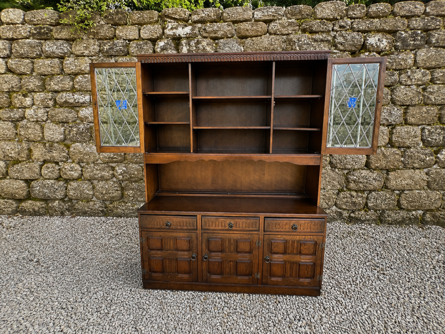 Large Vintage Oak Dresser Cabinet – Jacobean Revival Leaded Glass Display Sideboard (c.1930s–40s)