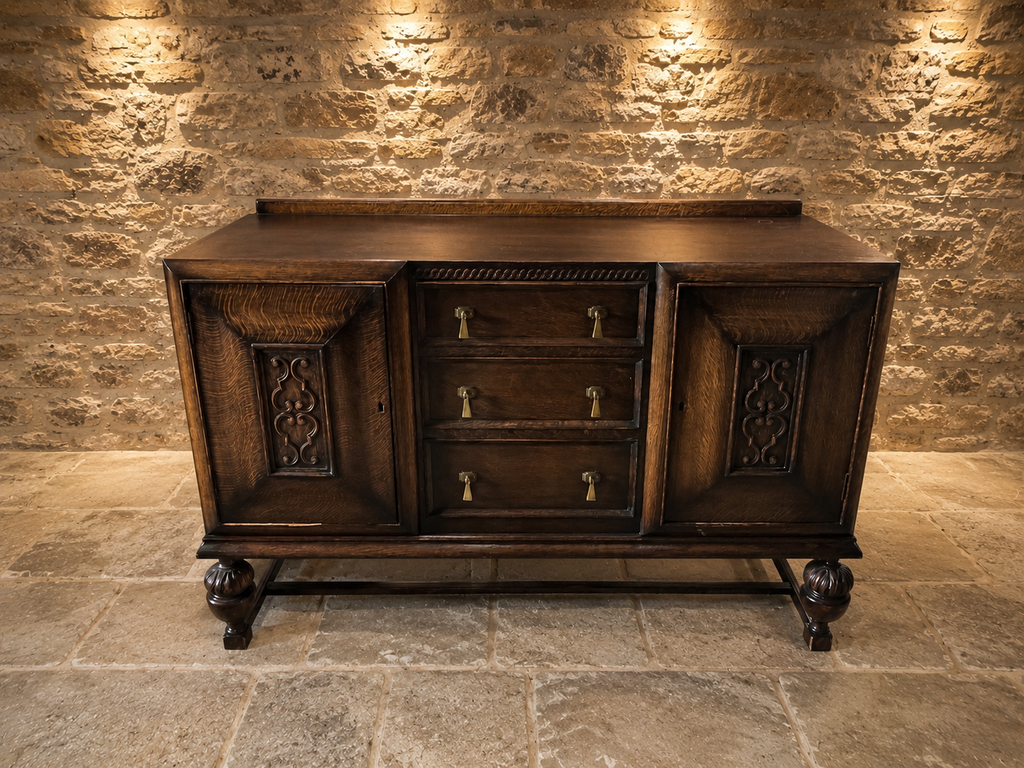 Circa 1930 Jacobean Revival Carved Oak Sideboard