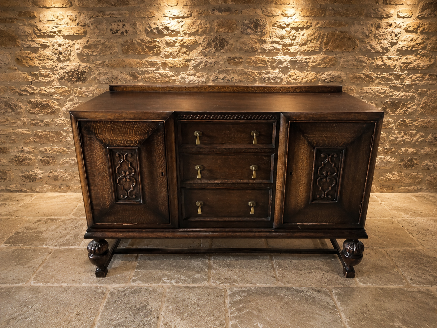 Circa 1930 Jacobean Revival Carved Oak Sideboard