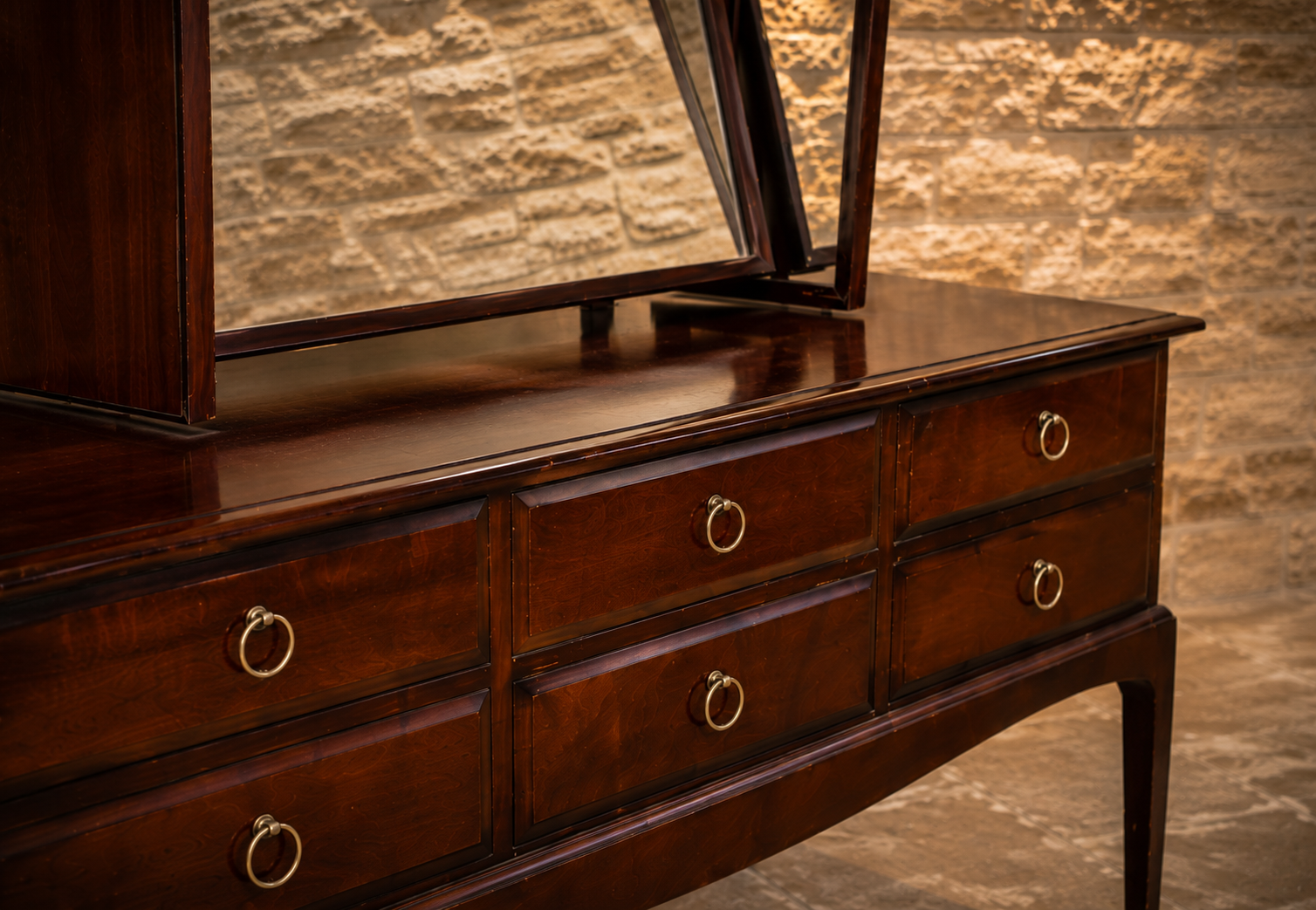 Traditional Burr Veneer Dressing Table with Triple Folding Mirror | Six Drawer Vanity Table