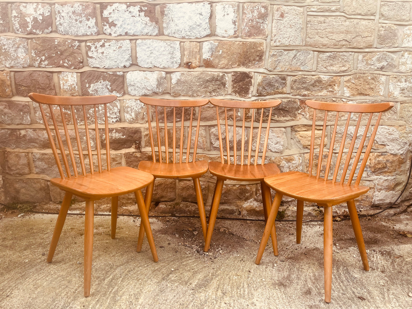 Set of 4 Vintage Spindle-Back Dining Chairs – Rustic Wooden Finish