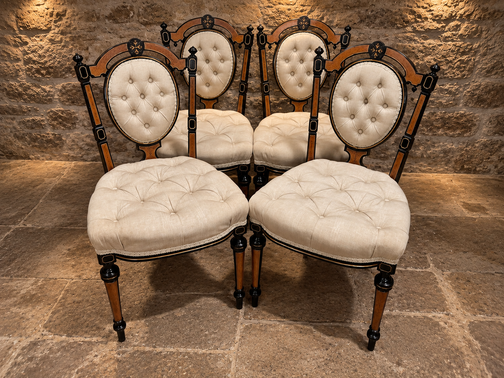 Set of 4 Victorian Aesthetic Movement Ebonised & Burr Walnut Inlaid Dining Chairs c.1875