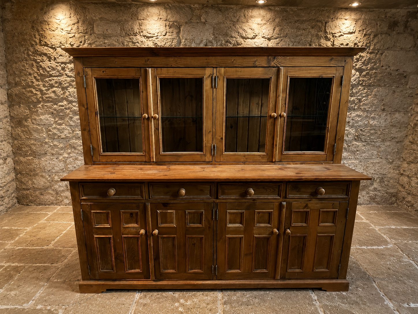 Large Solid Pine Farmhouse Dresser | Rustic Welsh Dresser | Glazed Display Cabinet
