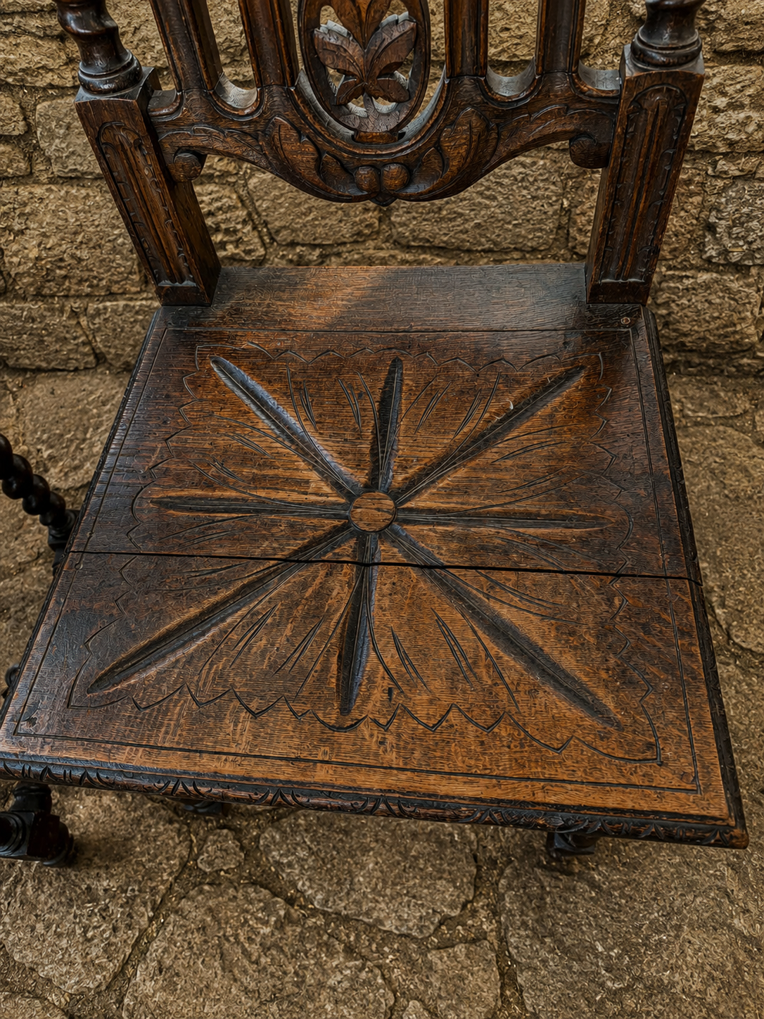 Pair of Antique Victorian Gothic Revival Oak Chairs c1870