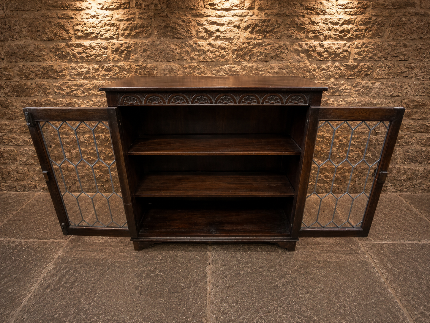 Vintage Oak Leaded Glass Display Cabinet | Gothic Revival Bookcase | Drinks Cabinet