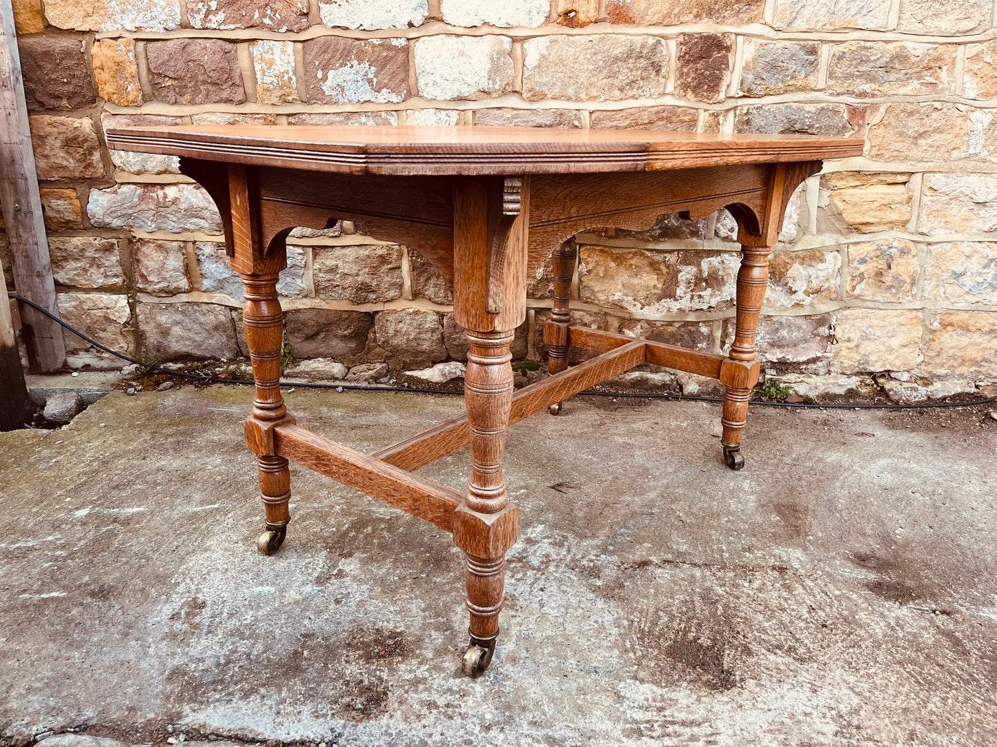 Antique Edwardian Oak Occasional Table – Octagonal Tiger Oak Side Table on Castors