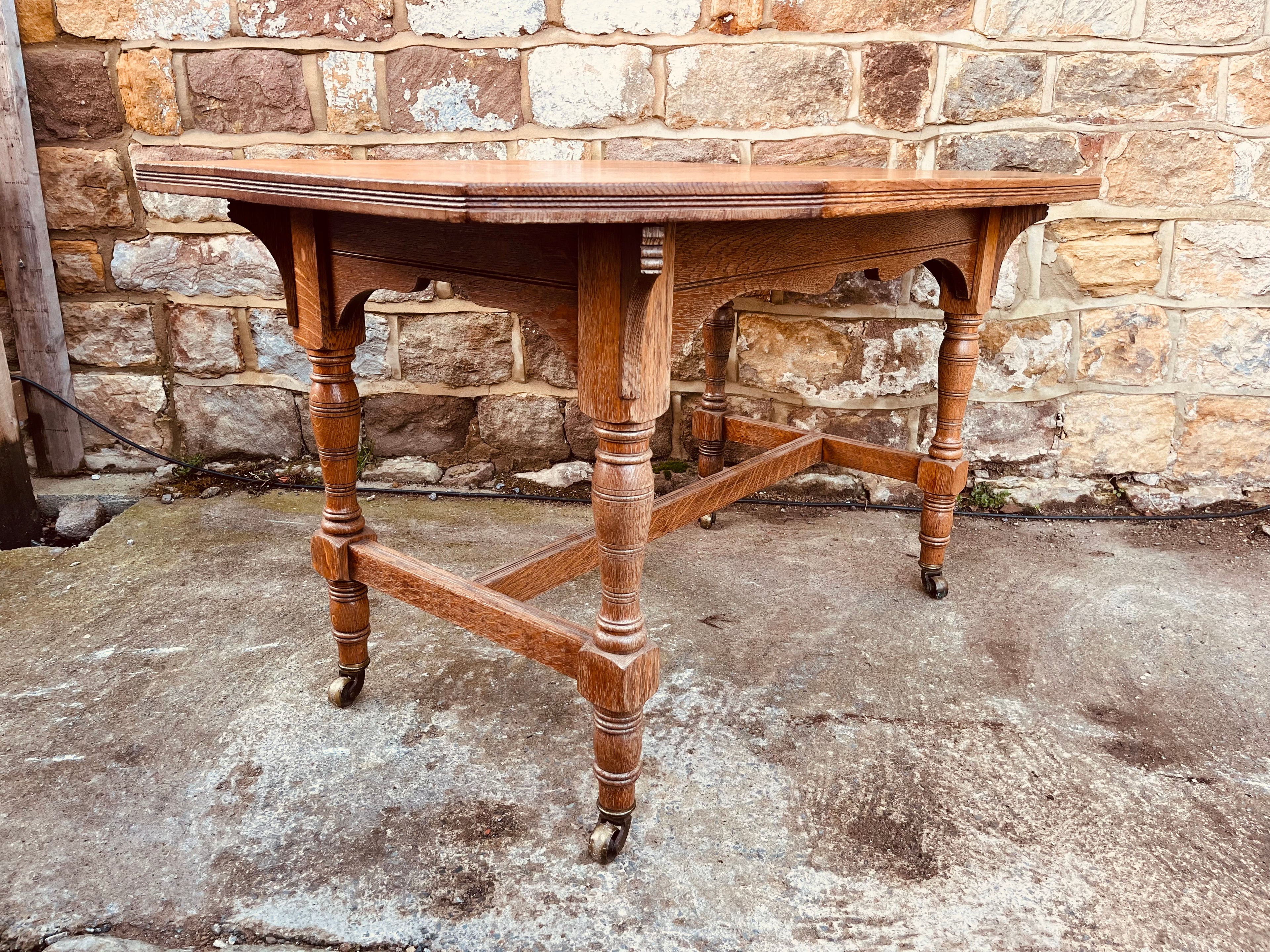 Antique Edwardian Oak Occasional Table – Octagonal Tiger Oak Side Table on Castors