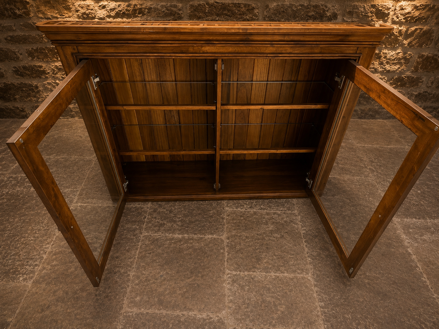 Large French Provincial Cherry Wood Glazed Display Cabinet | Country Farmhouse Glass Display Cabinet