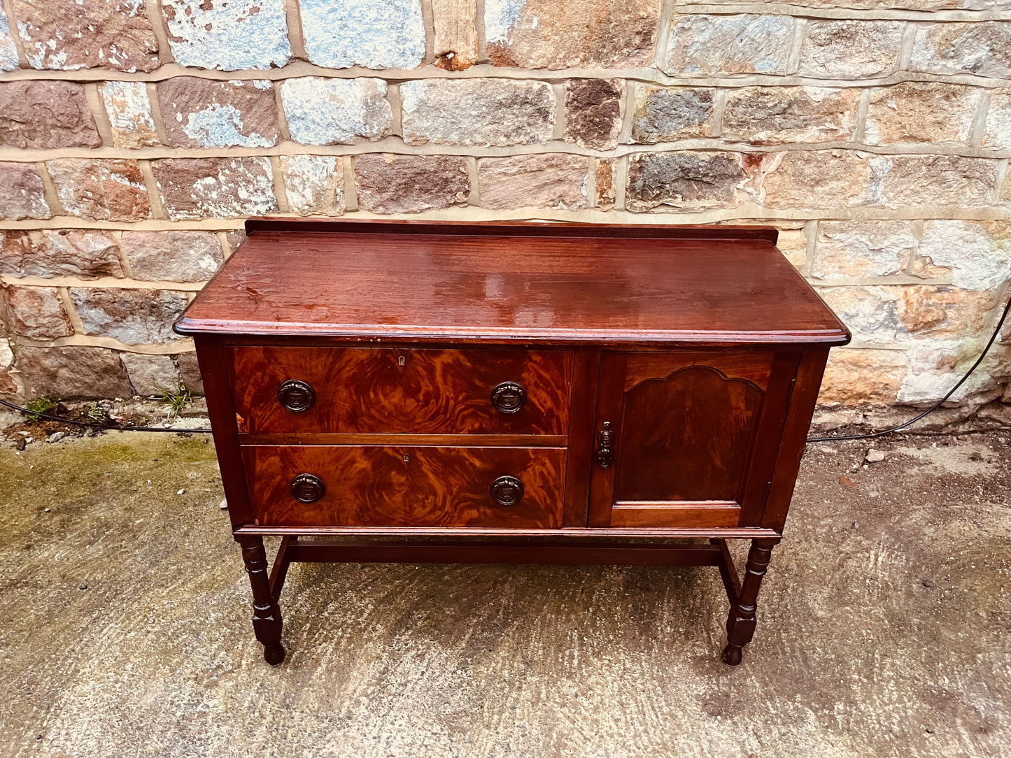 Vintage Mahogany Sideboard with Burr Veneer Drawers & Cupboard – Solid Wood Storage Cabinet