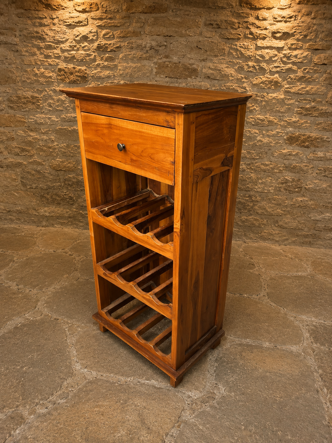Vintage Wooden Wine Rack Cabinet – Freestanding Rustic Bottle Storage with Drawer