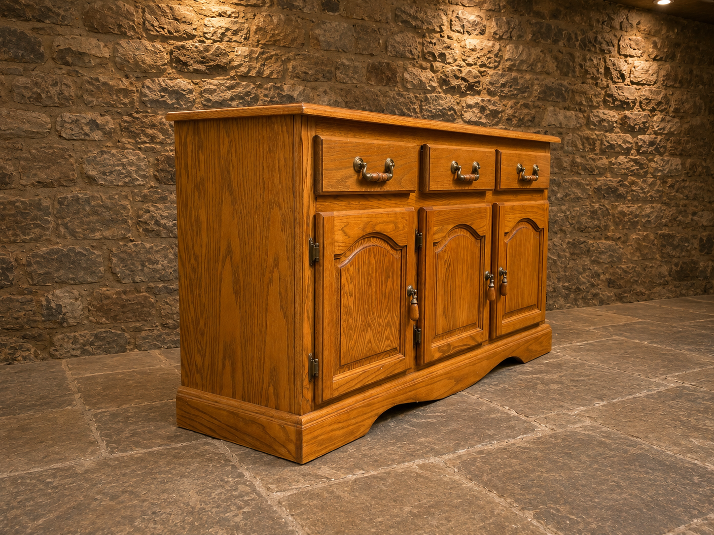Vintage Solid Oak Country Sideboard – Large Three Drawer Farmhouse Storage Cabinet