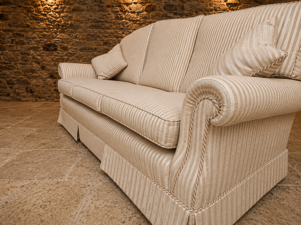 Traditional English Three Seater Sofa in Neutral Striped Upholstery