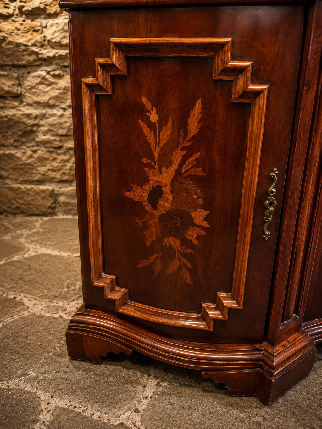 Antique Italian Walnut Marquetry Sideboard | Serpentine Credenza | Neoclassical Revival Buffet Cabinet | Circa 1920