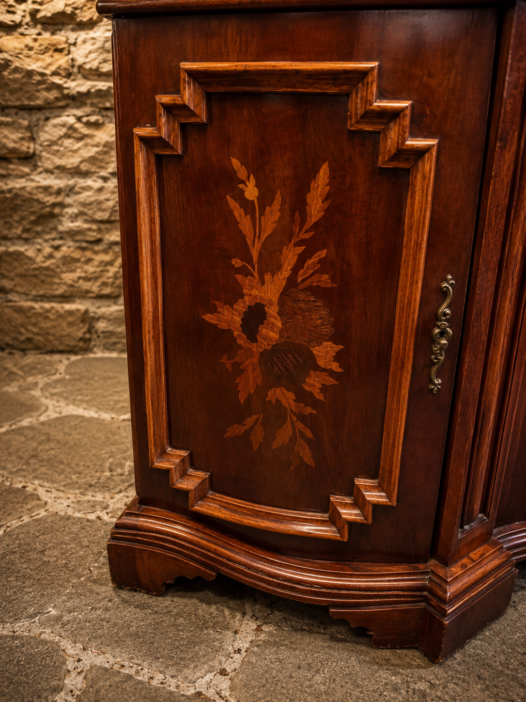 Antique Italian Walnut Marquetry Sideboard | Serpentine Credenza | Neoclassical Revival Buffet Cabinet | Circa 1920