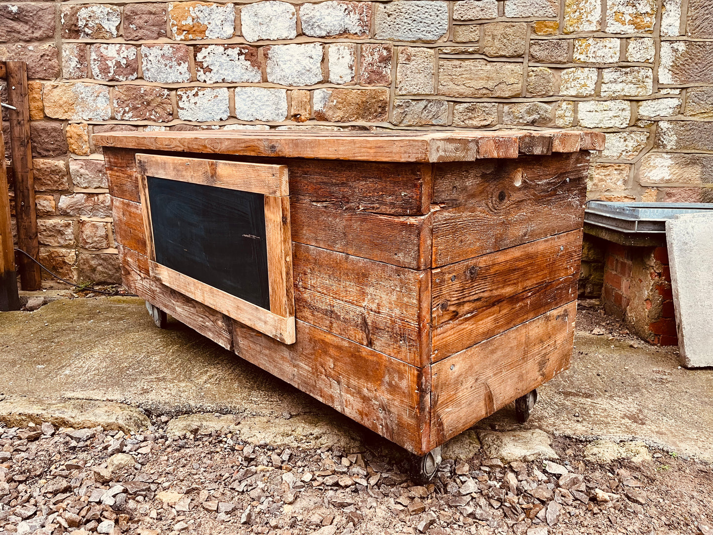 Handmade Reclaimed Wood Kitchen Island on Castors – Rustic Farmhouse Prep Table